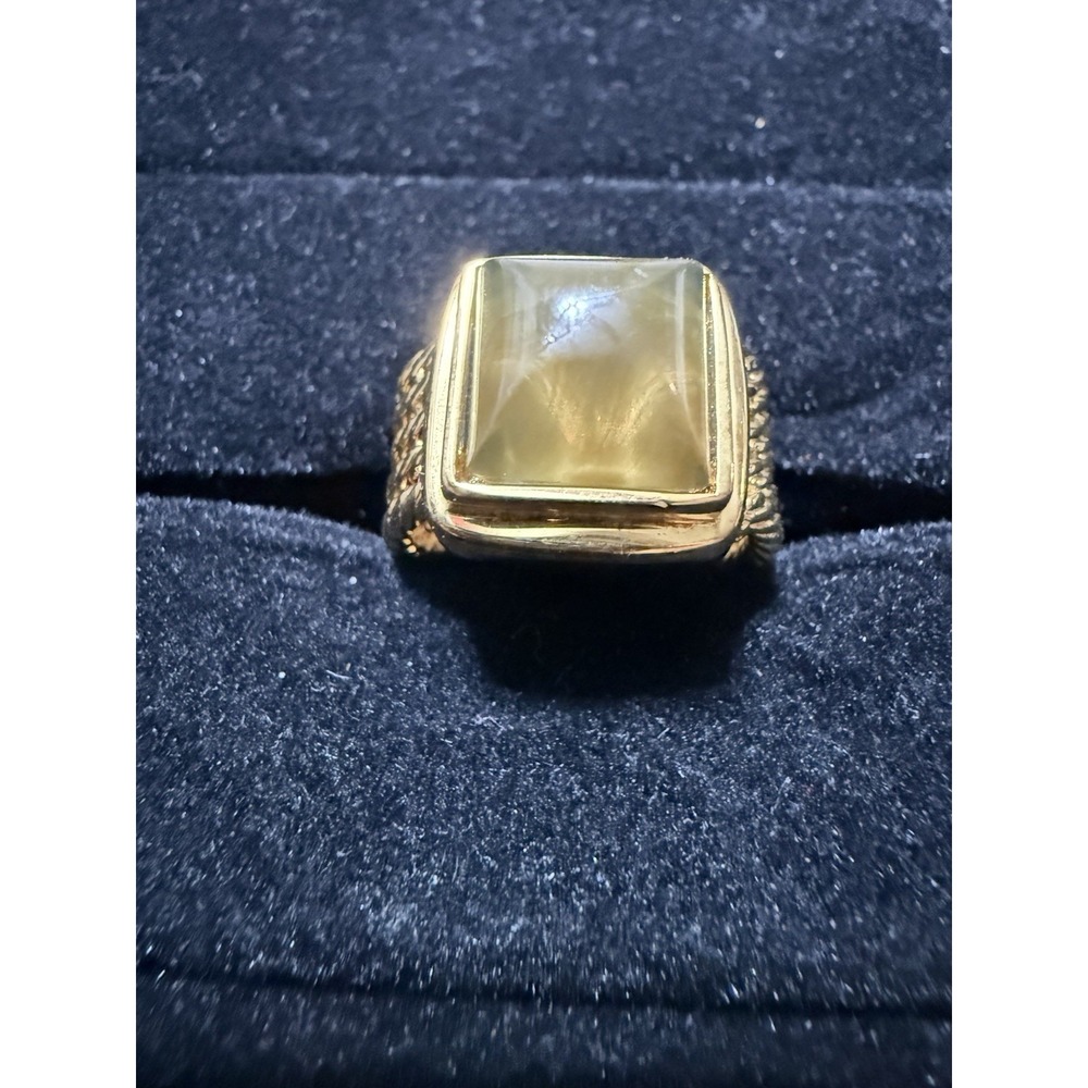 Vintage Joan Rivers Gold Tone Ring Brown Olive Stone Woven Textured Band Size 7